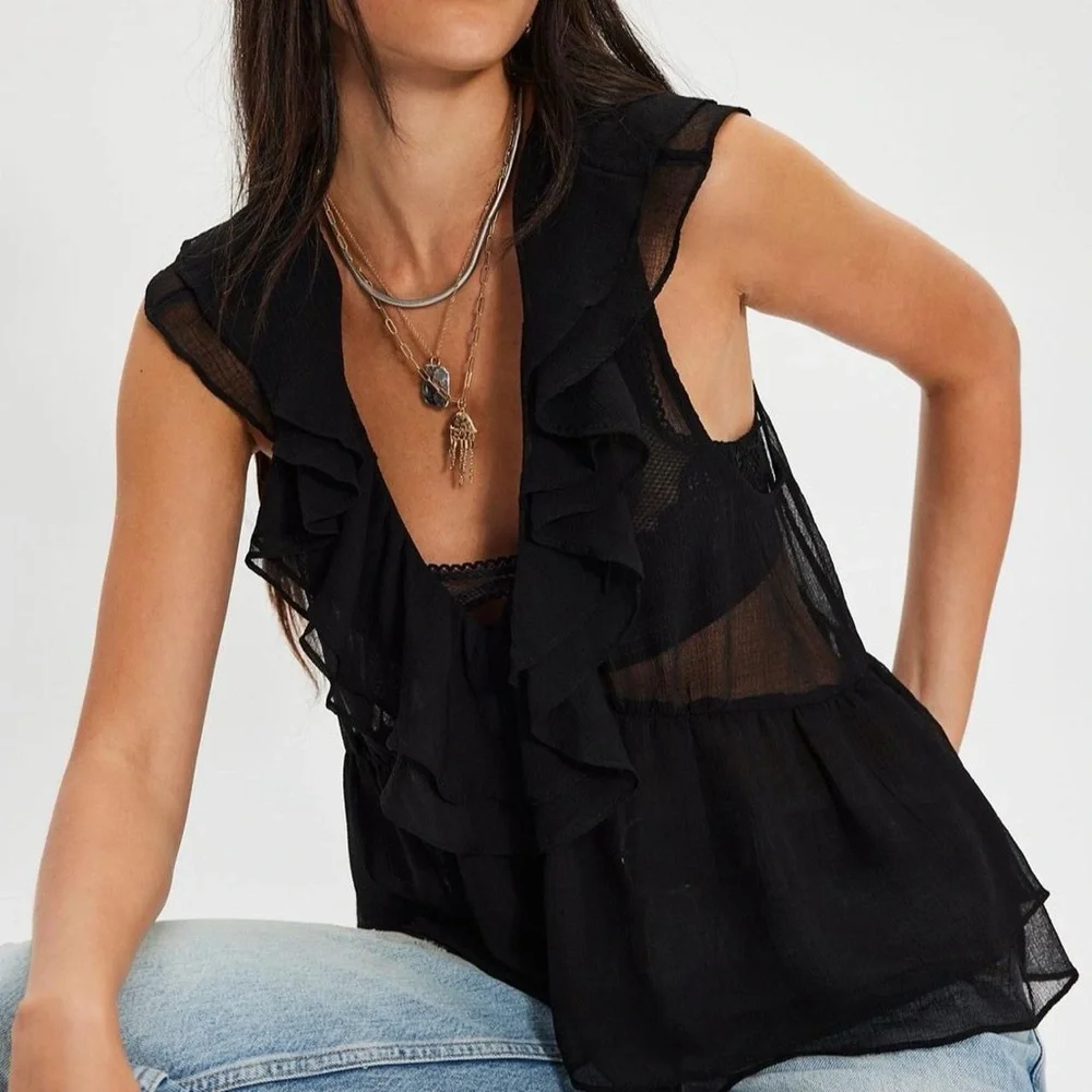 Free People Black Ruffled Tank Top Size XS - Picture 3 of 4